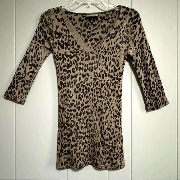MICHAEL STARS Vintage 90s Leopard V Neck 3/4 Sleeve Shine Original Tee Size OSFM - Picture 1 of 6